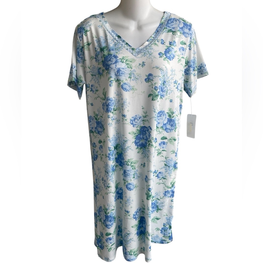 Flora by Flora Nikrooz Sheath Nightgown Green Blue Floral Short Sleeve Small NWT